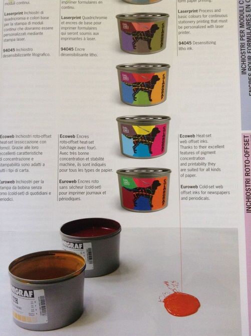 Página de catálogo Colorgraf com latas de tinta offset e uma amostra de tinta vermelha derramada